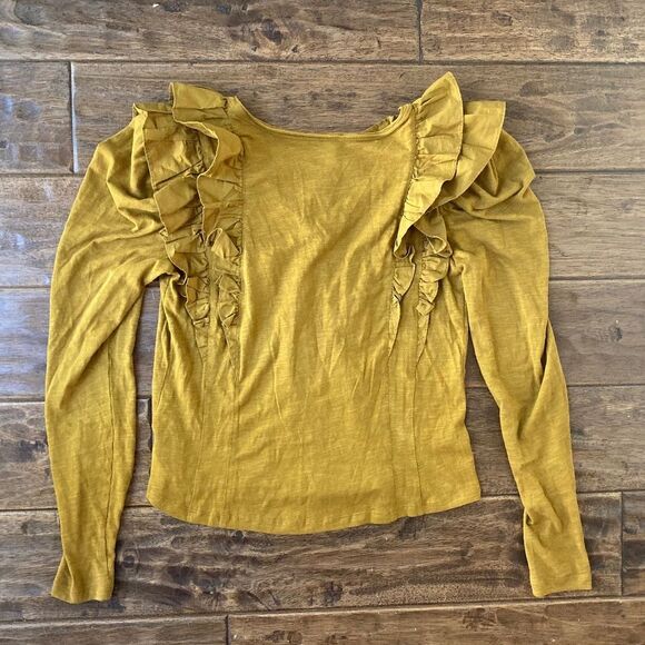 Anthropologie Ruffle Down V-Neck Top Cotton Holly Gold Blouse Women's XS - Picture 3 of 11